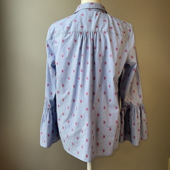 Kenar Cotton Popover Blouse Bell Sleeves Blue White Stripes Lightweight Large - Picture 2 of 10